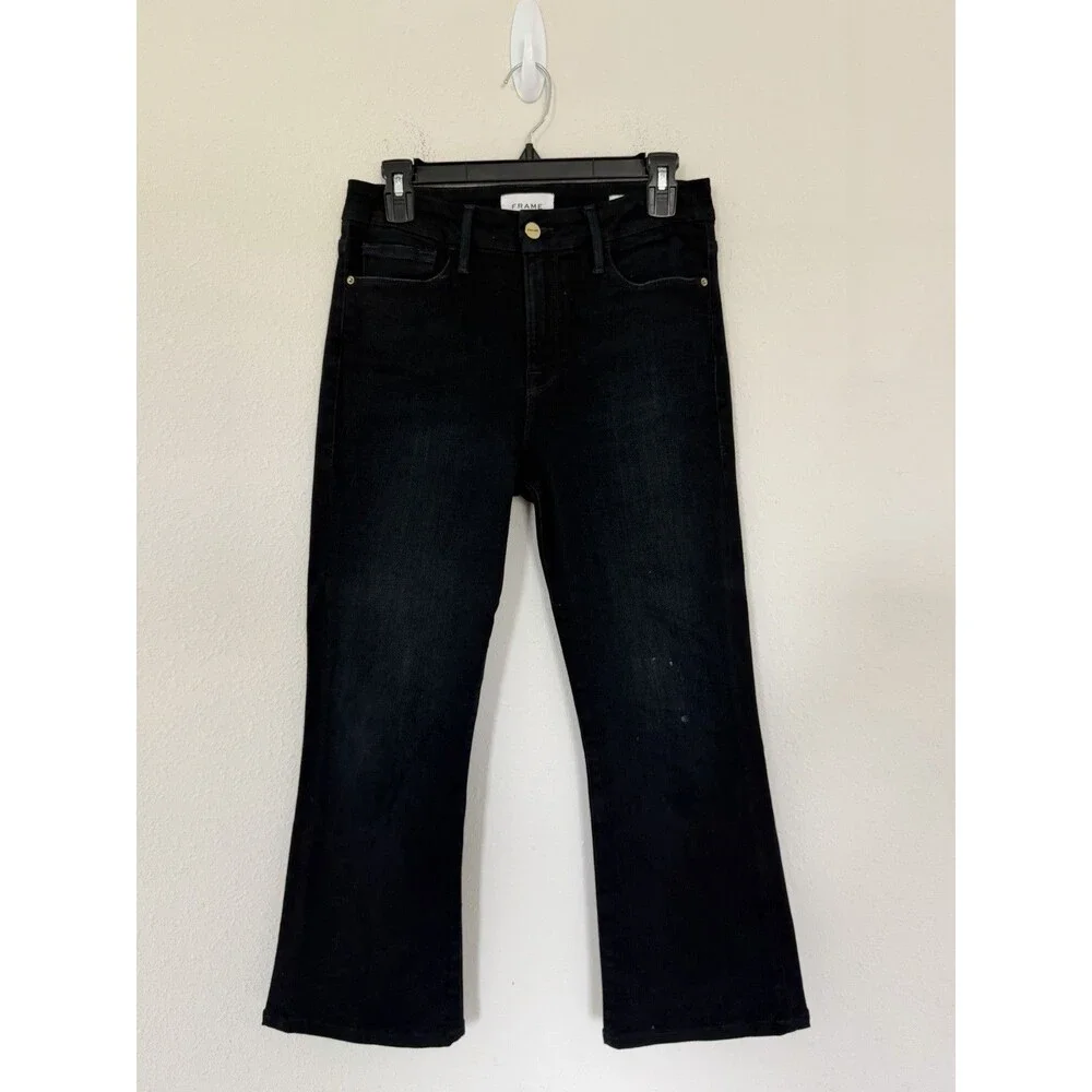 Frame Le Crop Mini Boot Jeans Women 28 Black High Rise Denim Cropped Flare 70s